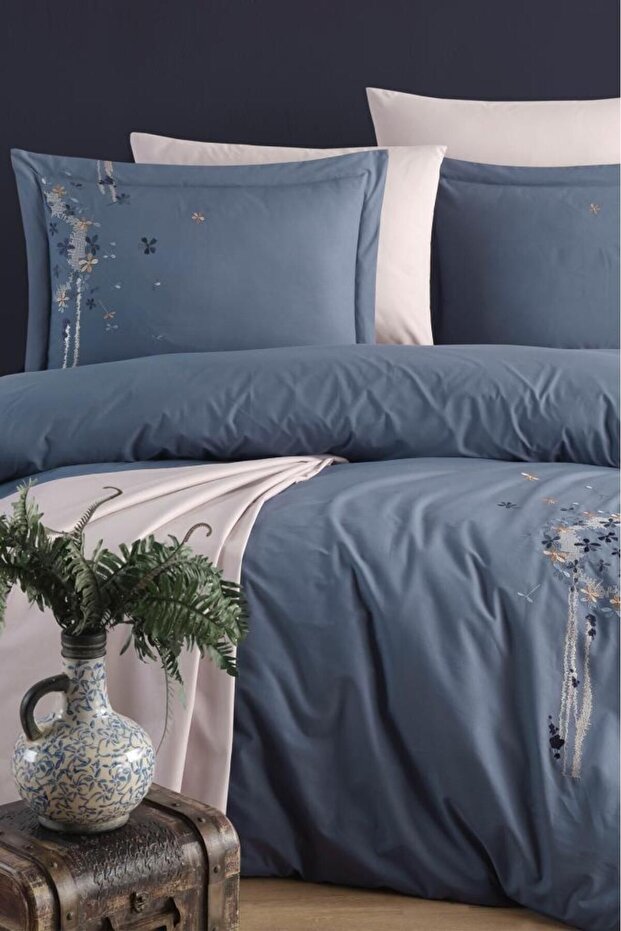 Belis Embroidered 100% Cotton Double Duvet Cover Set Indigo