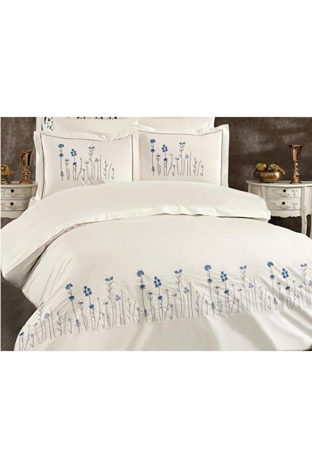Silk Embroidered Double Duvet Cover Set Cream - Blue