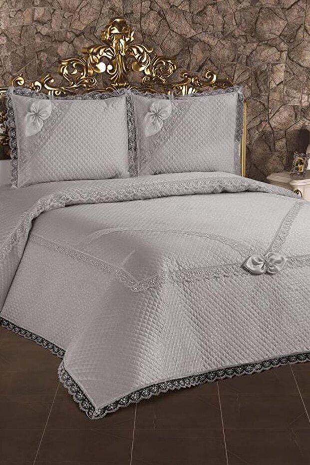 Poppy Quilted French Laced Bedspread Gray