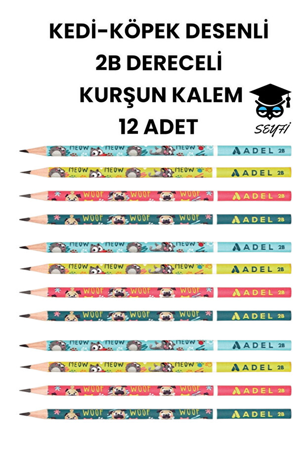 2B Graduated Cat-Dog Patterned Pencil - 12 Pieces AdeL
