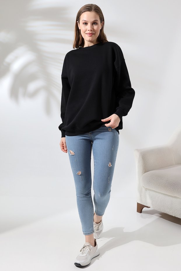 Raised Crew Neck Oversize Sweatshirt 21620 Black
