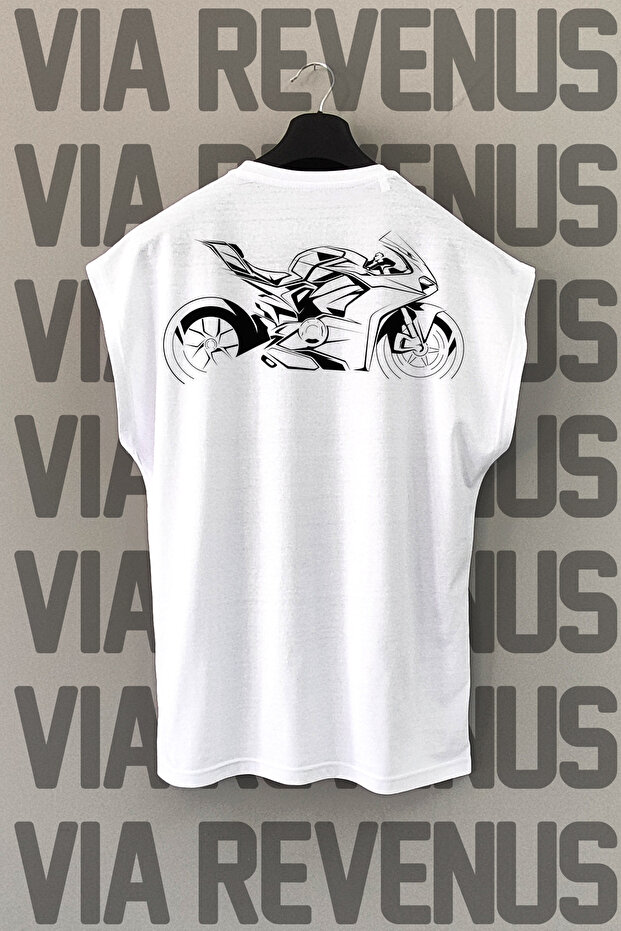 Motorcycle Back Printed Sleeveless White Sport T-shirt