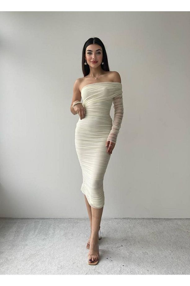 Ekru Tek Omuz Tül Drapeli Midi Boy Elbise - 7