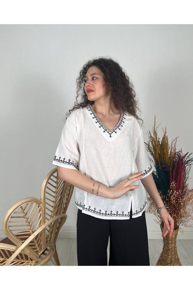 100% Cotton Cotton Blouse V-Neck Embroidered Ethnic Vintage Embroidered Women's Blouse