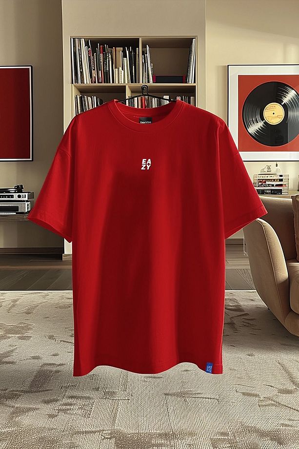 Eazy Basic Kırmızı Unisex Kabartma Baskılı Extra Oversize Kısa Kollu T-shirt - 3