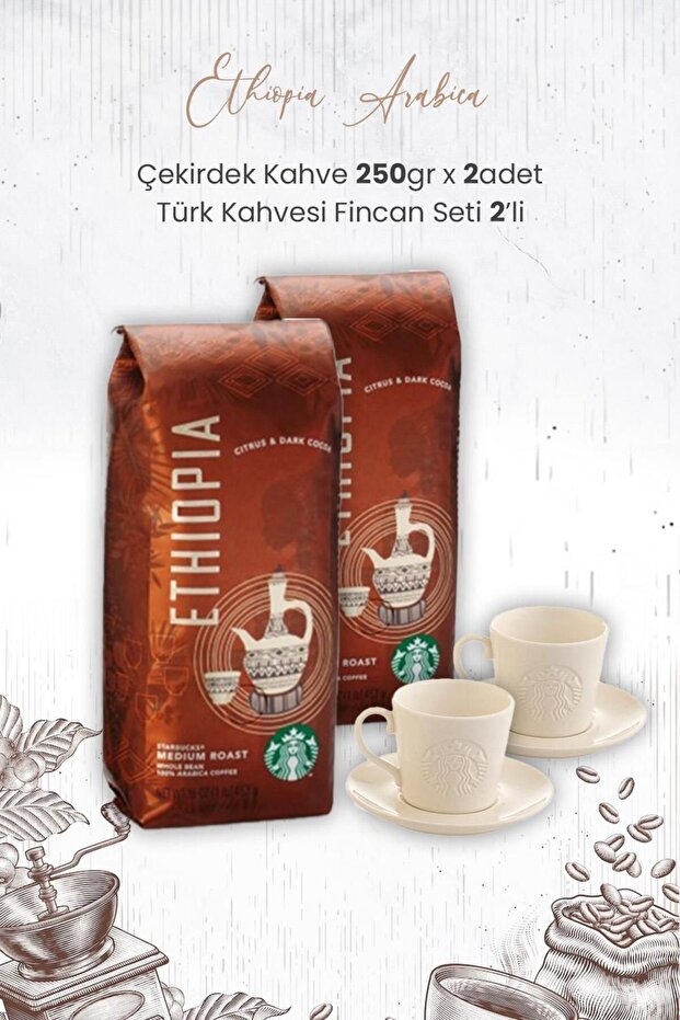 Ethiopia Arabica Coffee Bean 250 gr x 2 Pieces and Turkish Coffee Cup Set of 2