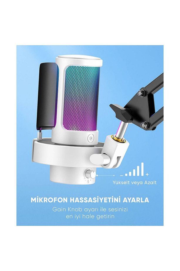 Ampligame A8 USB - Twitch - Youtuber - Yayıncı - Oyuncu - Bilgisayar RGB Mikrofonu Beyaz - 7