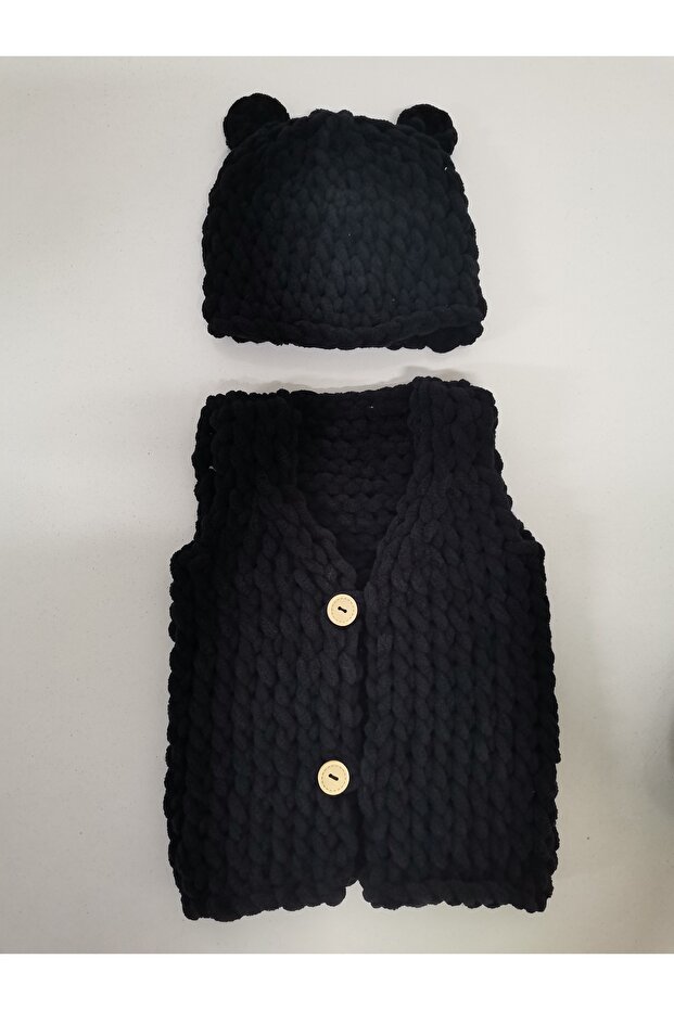 Minik Adımlar Alize Puffy El Örgüsü Yelek Ve Şapka - 1