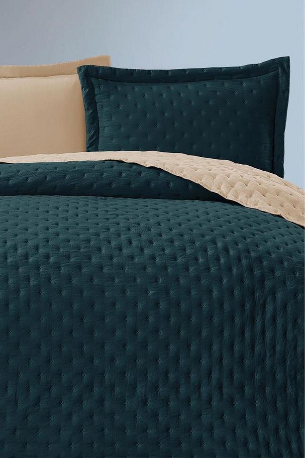 Washed Soft Çift Taraflı Çift Kişilik Yatak Örtüsü Yeşil - 1