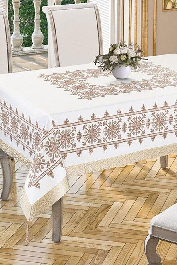 مفرش طاولة سلطان مطبوع بغرز متقاطعة ذهبي 160x300 سم - متعدد الألوان