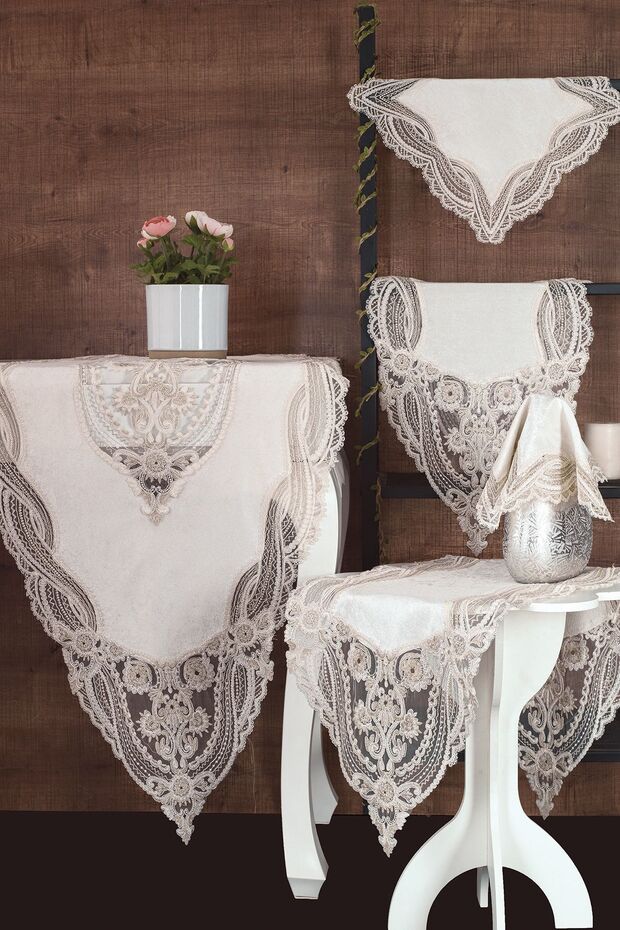 Gonca Velvet Living Room Set 5 Pieces - Cream