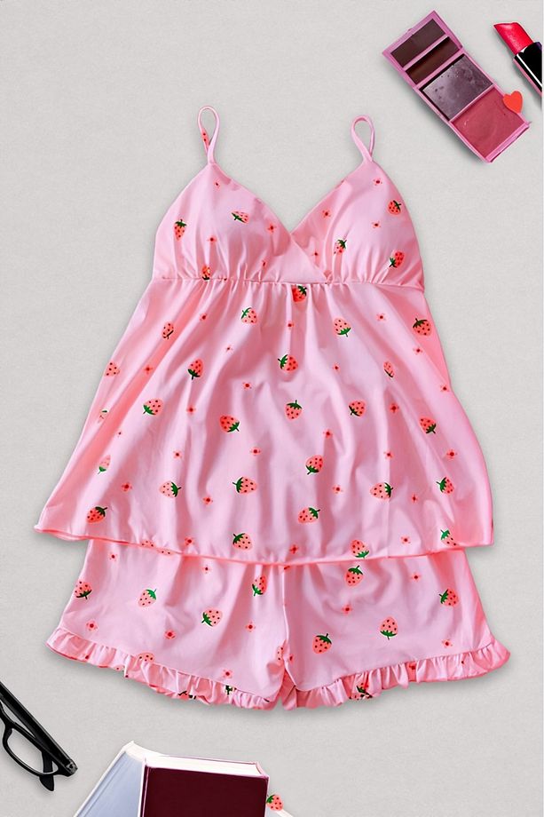 Askılı Fırfır Şort Pijama Takımı Strawberry - 1