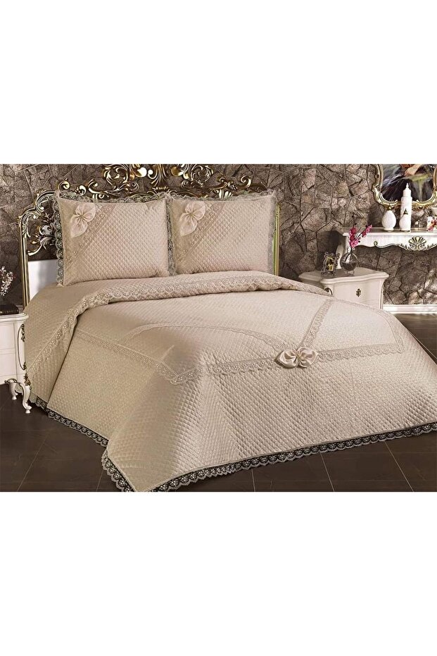 Mák steppelt francia fűzős ágytakaró Cappucino - 2