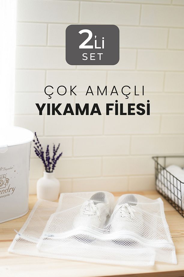 2 Adet Çamaşır Yıkama Filesi Beyaz Fermuarlı Bölmeli Ayakkabı Yıkama Filesi Torba File - 1
