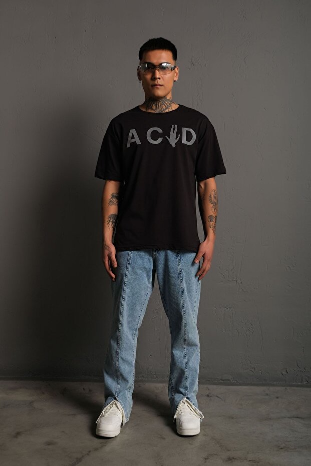 Oversize Reflektör Acid Baskılı Tişört - 7