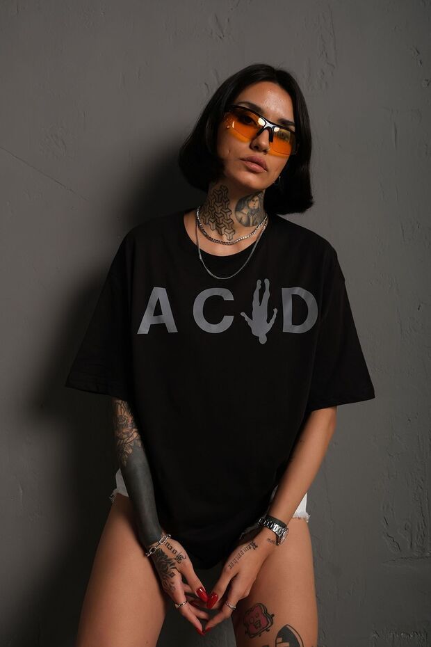 Oversize Reflektör Acid Baskılı Tişört - 4