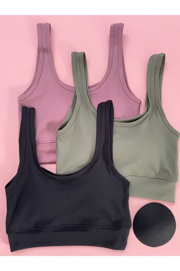 Women's 3-Piece Corded Fabric Wide Strap Sports Undershirt with Removable Pads (Plum-Green-Black)