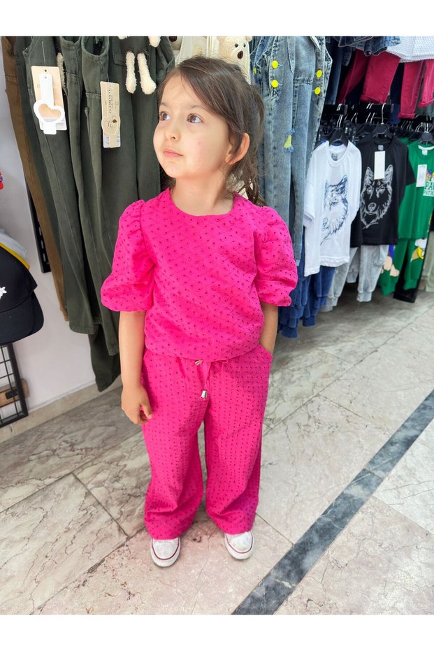 Fuchsia Scallop Balloon Sleeve Blouse and Pants Set