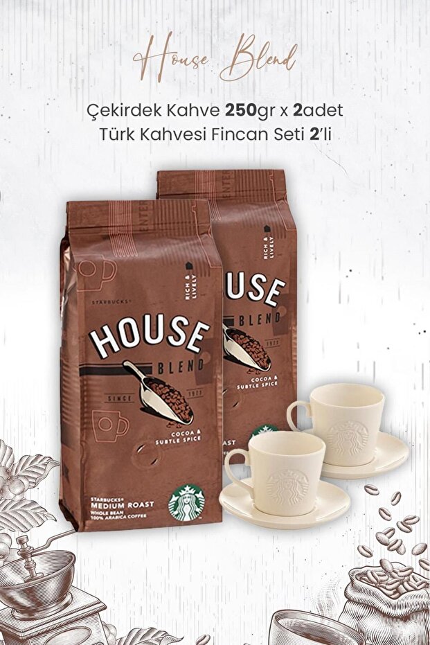 House Blend Core Coffee 250 gr x 2 Pieces and Turkish Coffee Cup Set of 2
