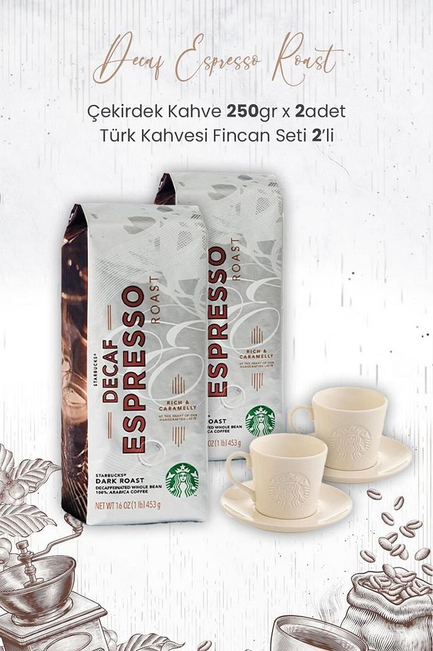 Decaf Espresso Roast Çekirdek Kahve 250 gr x 2 Adet ve Türk Kahvesi Fincan Seti 2'li - 1