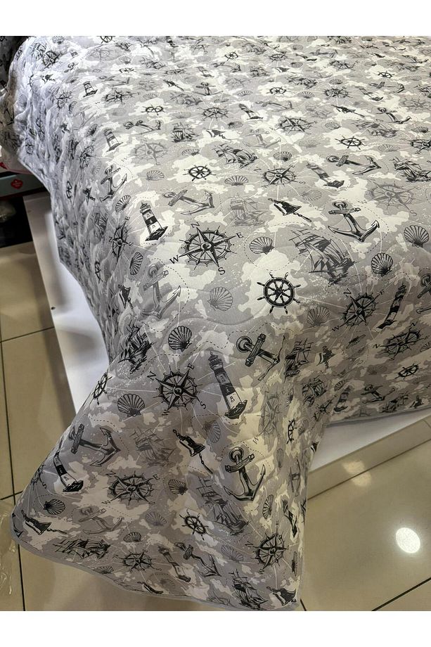 Pamuklu Tek Kişilik Çift Taraflı Denizci Sail Desenli Kapitone Çok Amaçlı Örtü 160x230 Cm. - 1