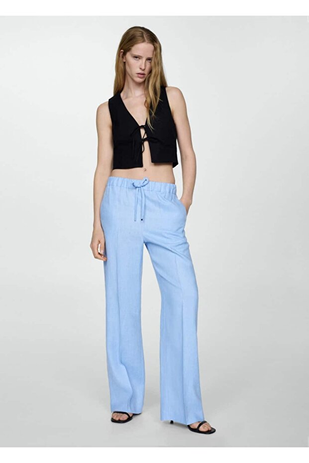 Keten karışımlı beli elastik pantolon - 7