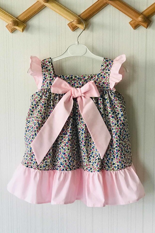 Colorful Pink Baby Girl Design Dress with Bow and Ruffle Honeycomb Pattern