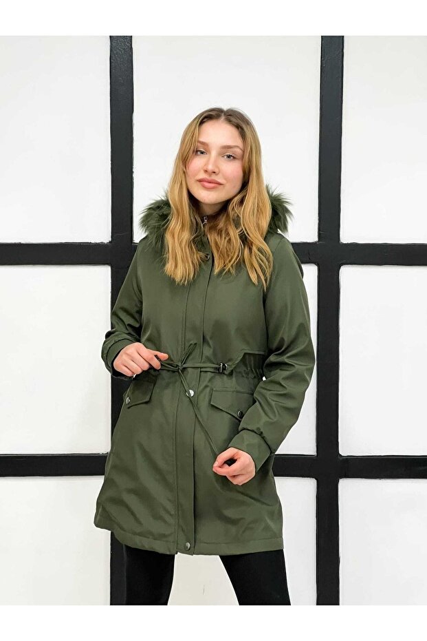 Khaki Fur Lined and Waterproof Women's Winter Coat & Coat