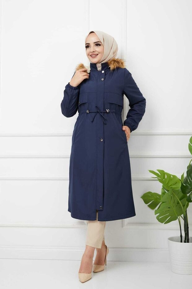 Navy Blue Fur Lined and Waterproof Large Size Oversize Women's Winter Coat & Coat