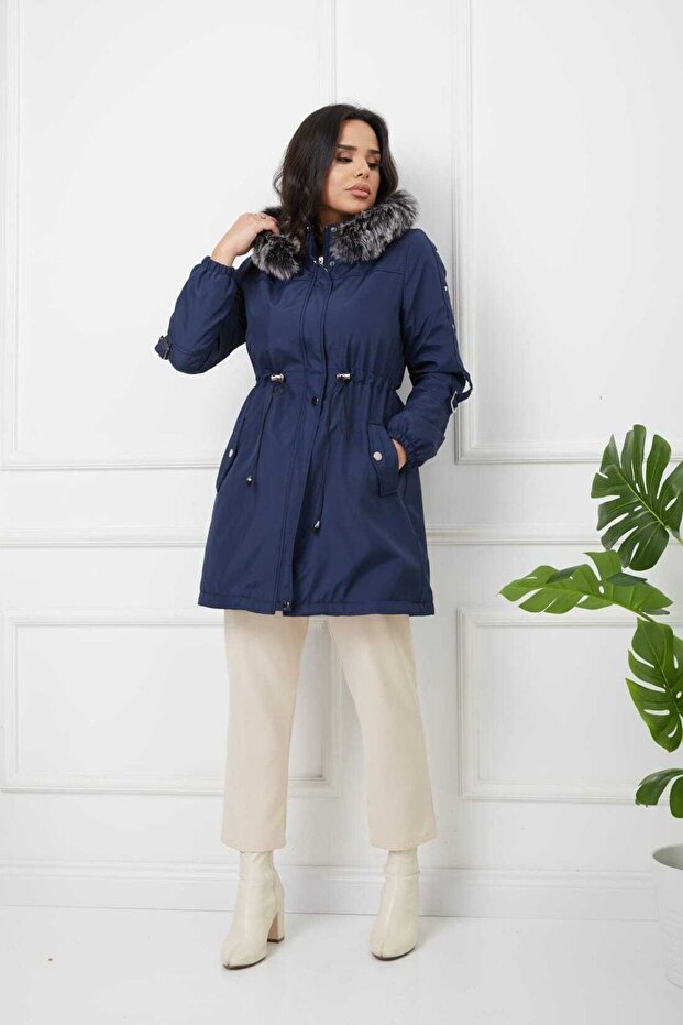 Navy Blue Fur Lined and Waterproof Women's Winter Coat