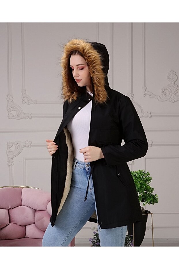 Black Fur Lined and Waterproof Women's Winter Coat & Coat
