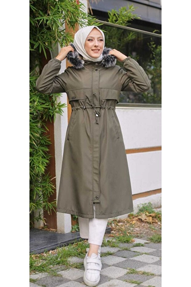 Khaki Fur Lined and Waterproof Large Size Oversize Women's Winter Coat & Coat