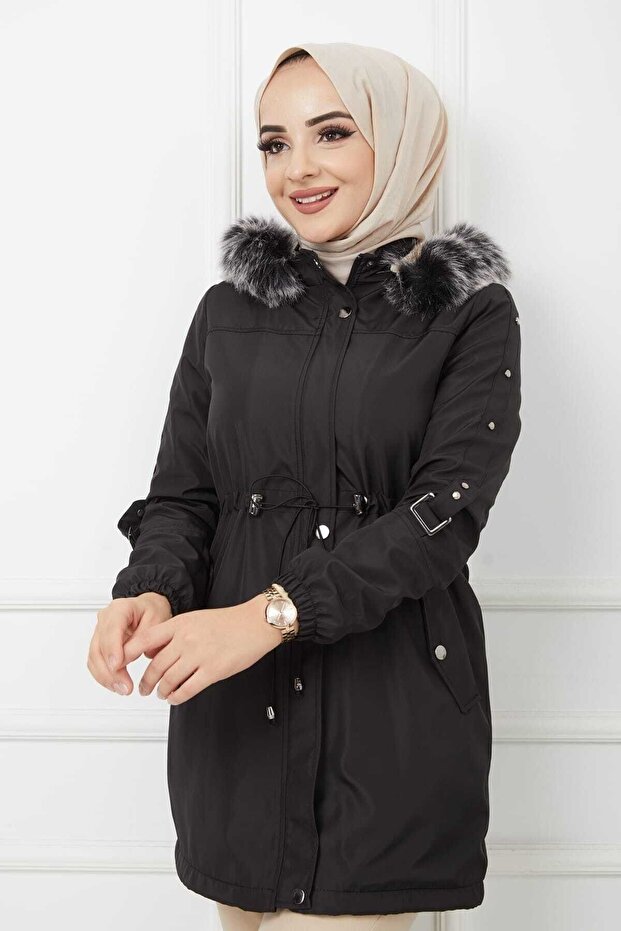 Black Fur-Trimmed Waterproof Women's Winter Jacket & Coat