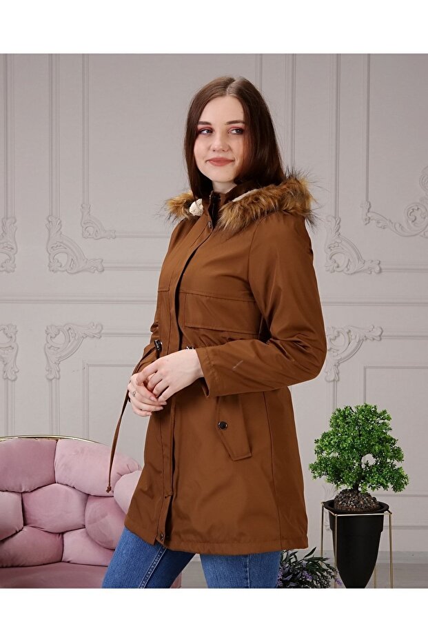 Tan Fur Lined and Waterproof Large Size Oversize Women's Winter Coat & Coat
