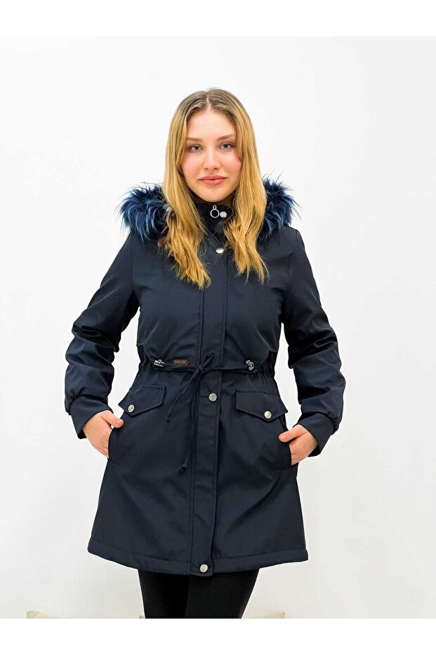 Navy Blue Fur Lined and Waterproof Women's Winter Coat & Coat