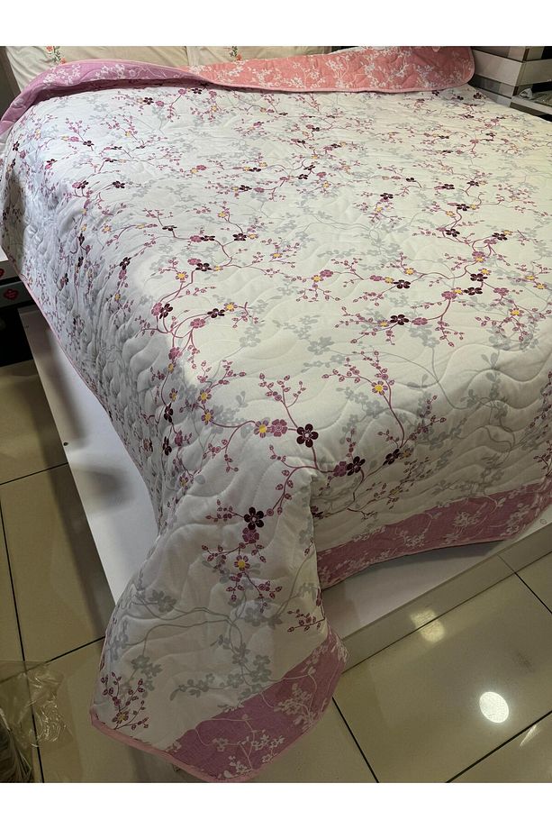 Pamuklu Tek Kişilik Çift Taraflı Çiçek Dalı Desenli Kapitone Çok Amaçlı Örtü 160x230 Cm. - 5