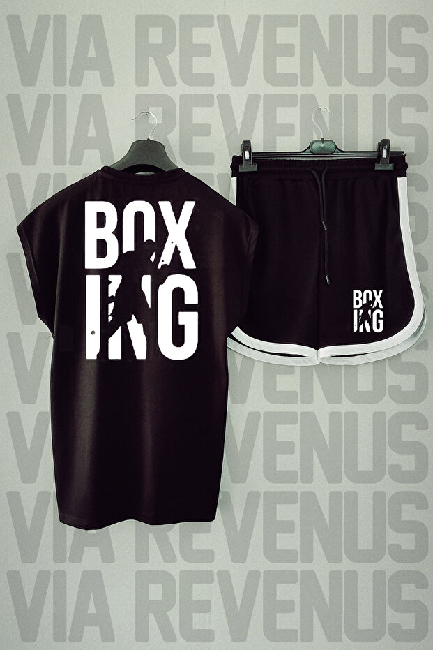 Boxing Printed Zero Sleeve Black Tshirt and Black Shorts Sports Set