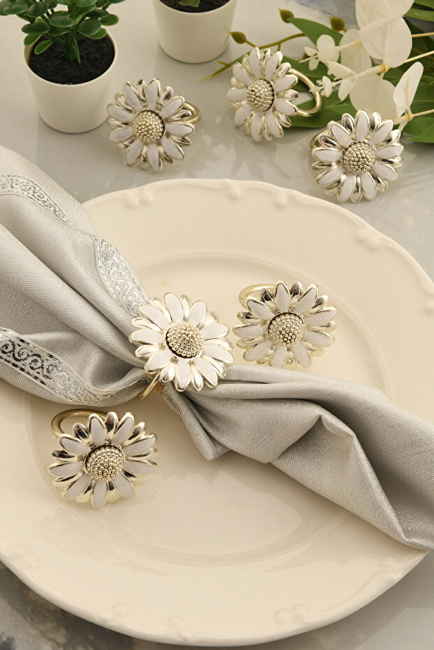 Papatya 6-Piece Silver Color Luxury Napkin Ring, White Enamel Flower Model Napkin Ring