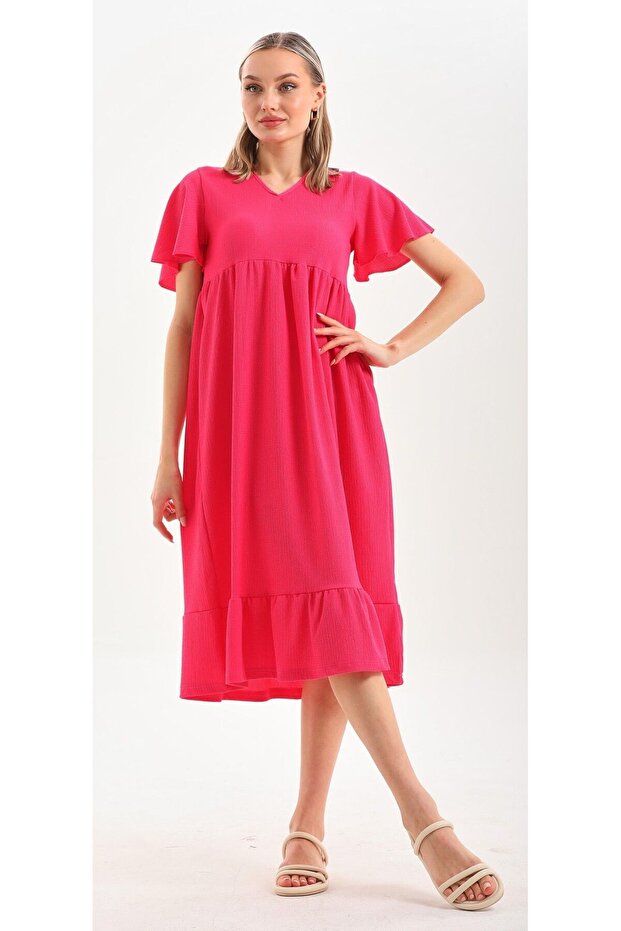 Rochie de damă roz cu mâneci fluture - 1