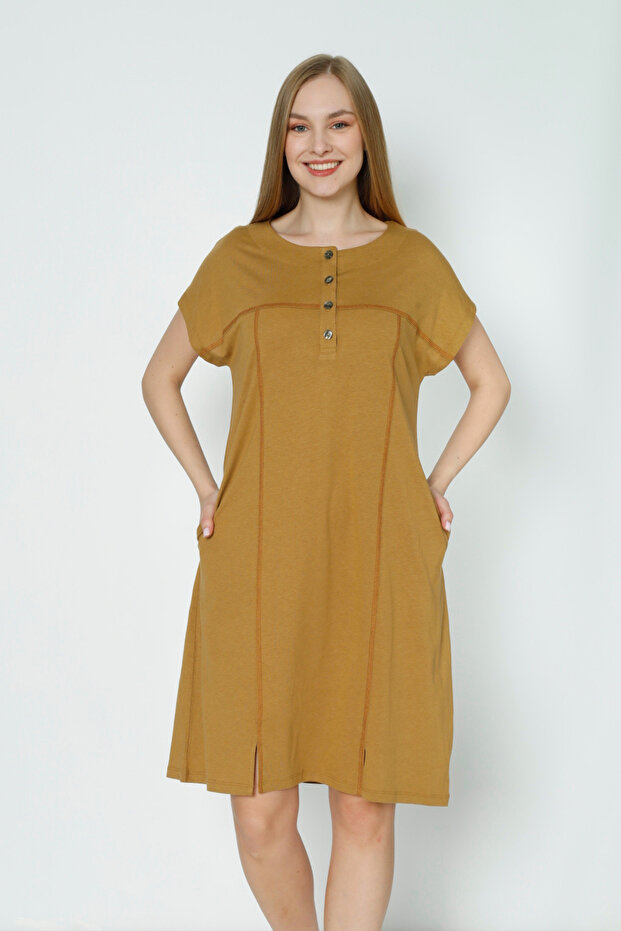 Women's Cotton Buttoned Short-Sleeved Slit Detailed Dress