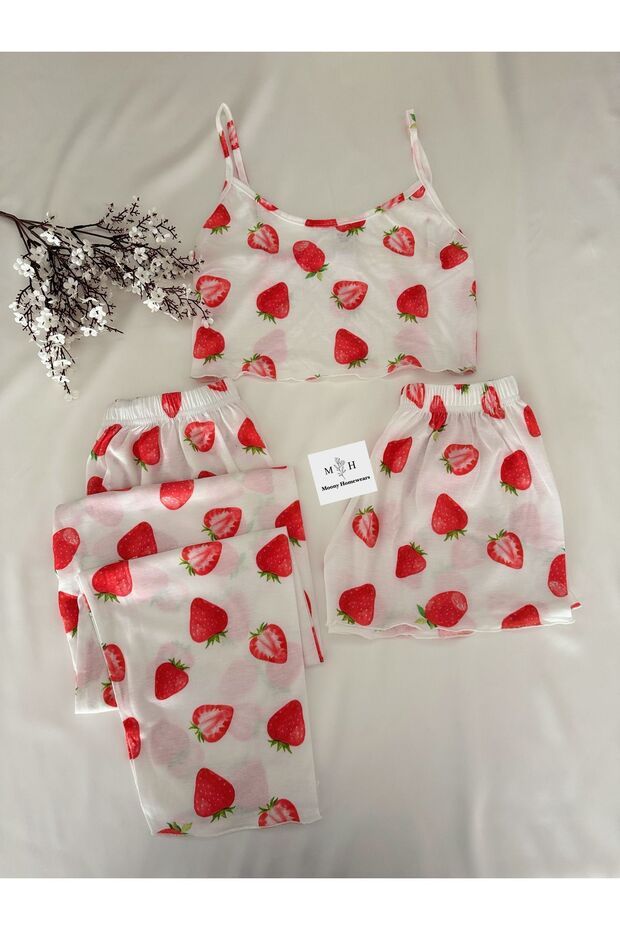 Soft and Strawberry Patterned 3-Piece Summer Thin Pajamas Set
