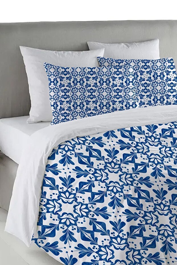 Blue Ethnic Pattern Printed Double 200x220 Cm Duvet Cover Set - White