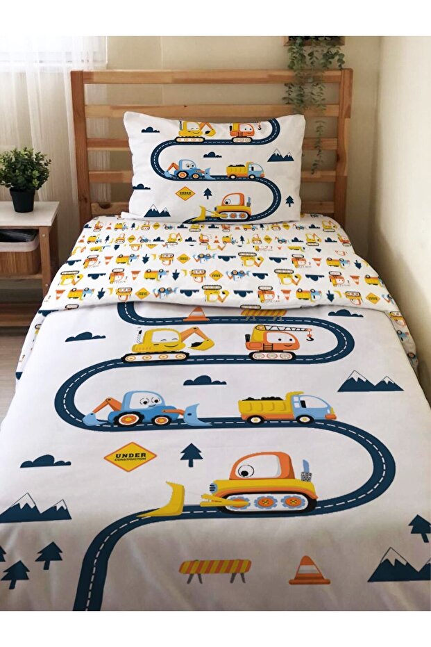 Double Sided Construction Machinery Patterned - Printed Single Duvet Cover Set White