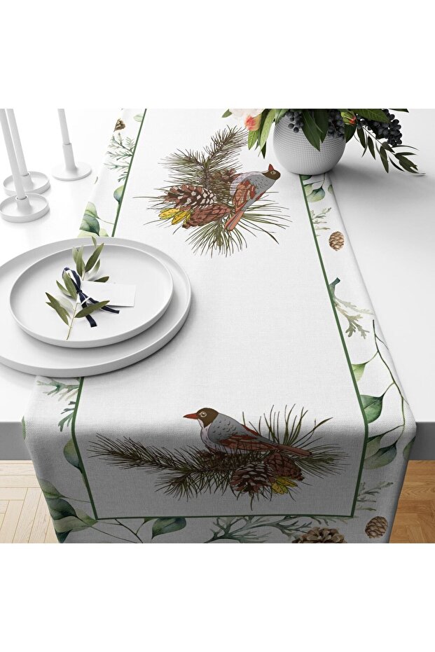 New Year's Themed Velvet Runner with Bird Pattern
