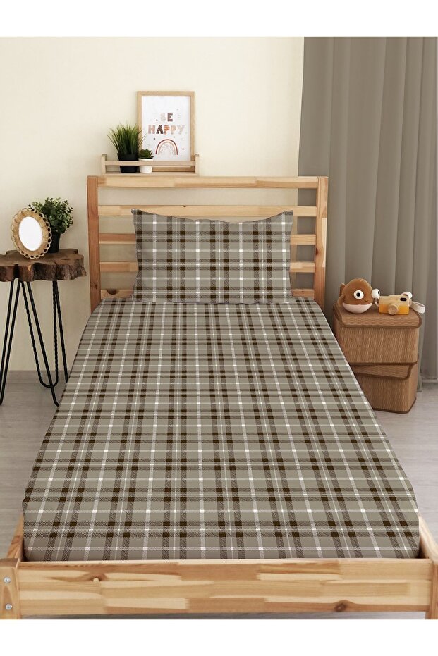 Plaid Patterned Printed Single Elastic Sheet Set - 1