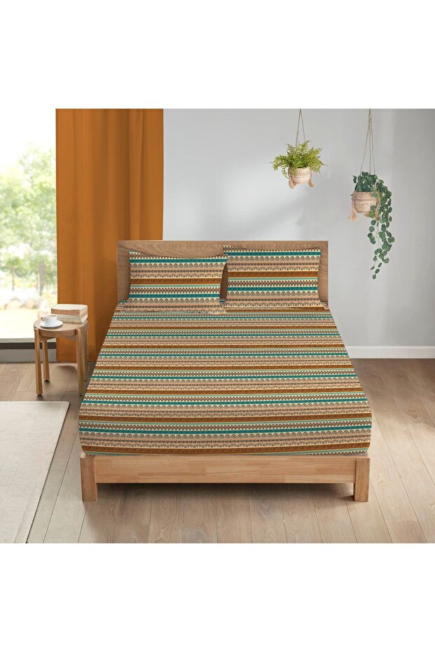 Ethnic Pattern Printed Double Sheet Set 160x200 Cm - Brown