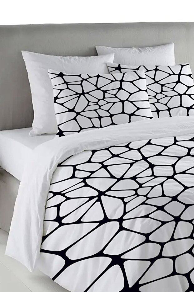 طقم غطاء لحاف مزدوج مطبوع بنمط الحجر الأبيض مقاس 200 × 220 سم - أسود