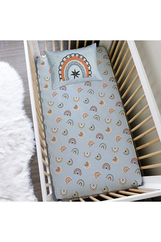 Rainbow Pattern Printed Baby Size Elastic Sheet Set Blue
