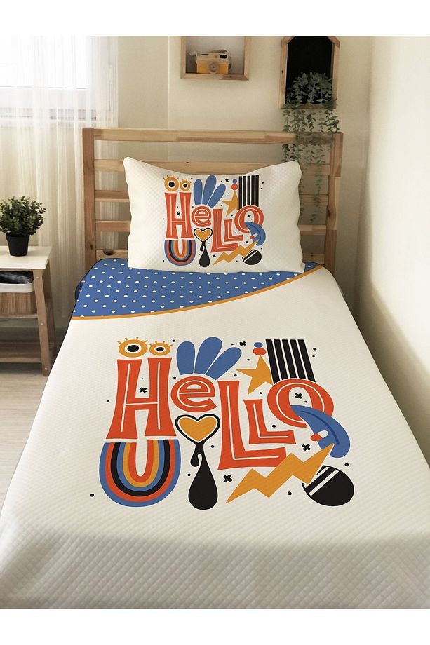 Hello Desenli Genç Ve Çocuk Baskılı Tek Kişilik Pike Takımı 160x230 Beyaz - 1