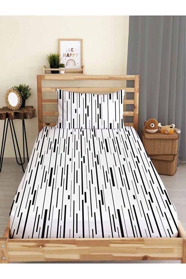 Striped Patterned Printed Single Elastic Sheet Set - 1